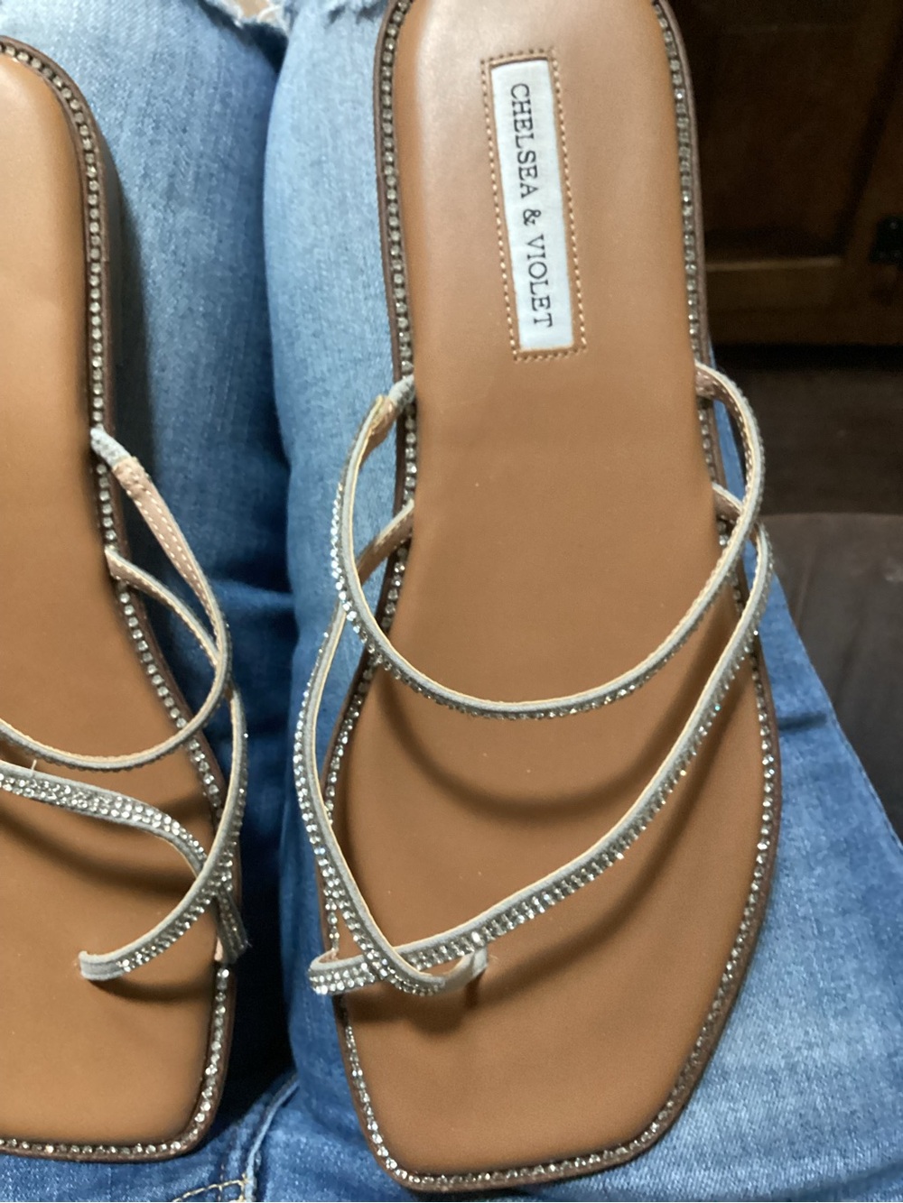 Chelsea & Violet Tan Rhinestone Strappy Sandals Size 9 - Picture 2 of 5